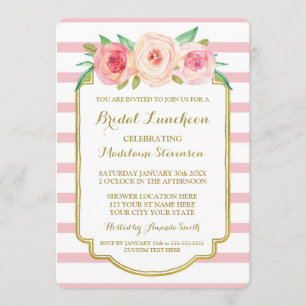 Rose Stripes Gold Pink Floral Bridal Lunch Invitation
