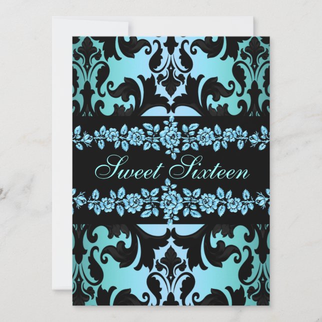Rose Sweet16 Damask Blue Birthday Invite (Front)
