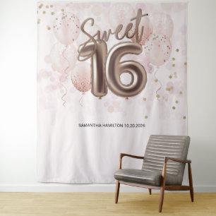 Rose Sweet 16 Bday Balloons Party Pink Backdrop Tapestry