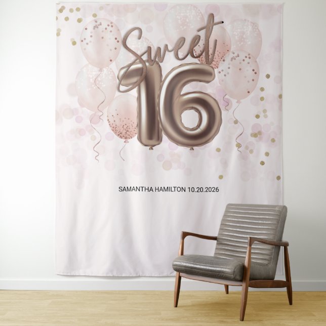 Rose Sweet 16 Bday Balloons Party Pink Backdrop Tapestry (In Situ)