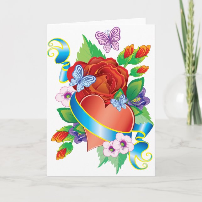 Rose Tattoo Hearts Holiday Card (Front)