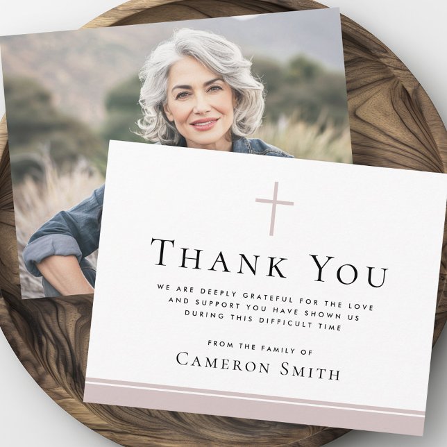 Rose taupe cross funeral sympathy photo thank you card (Rose taupe cross funeral sympathy photo thank you card)