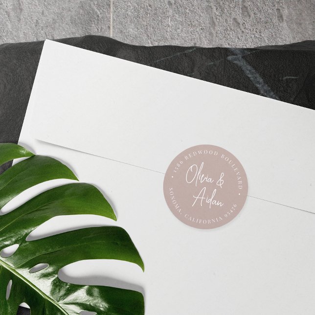 Rose Taupe Handwritten Wedding Return Address Classic Round Sticker (Creator Uploaded)