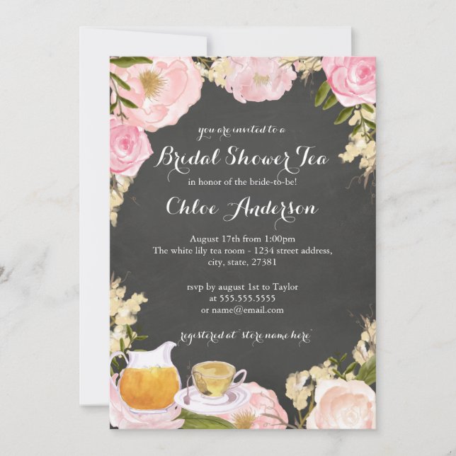 Rose & Teacup Chalkboard Bridal Shower Invite (Front)