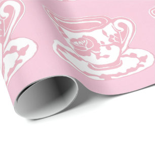 Rose Teacup Pattern Pink and White Wrapping Paper