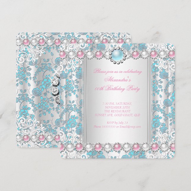 Rose Teal Damask White Pink Pearl Birthday Party Invitation (Front/Back)