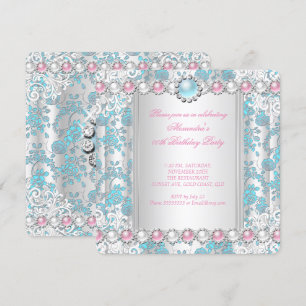 Rose Teal Damask White Pink Pearl Birthday Party Invitation