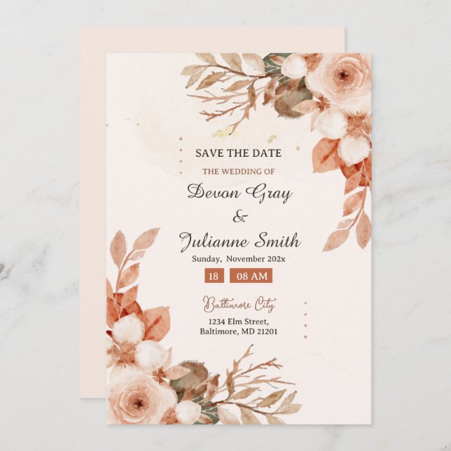 Rose & Terracotta: A Celebration of Love Wedding Invitation (Front/Back)