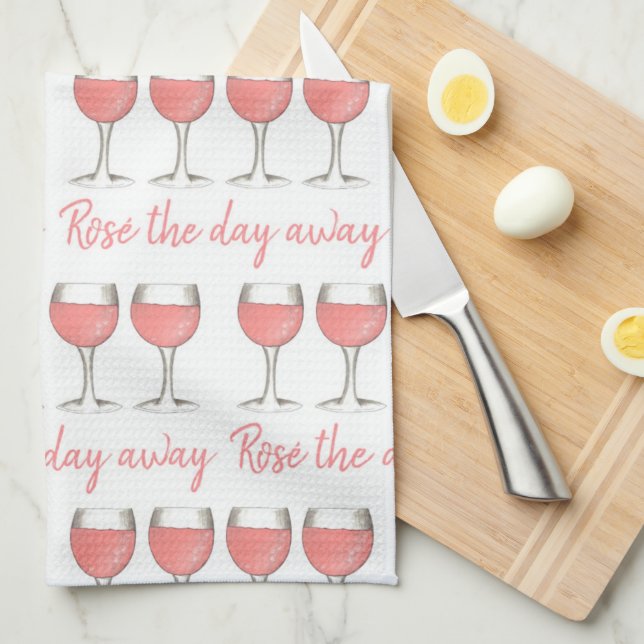 Rosé The Day Away Pink Rose Glass Wine Lover Tea Towel (Quarter Fold)