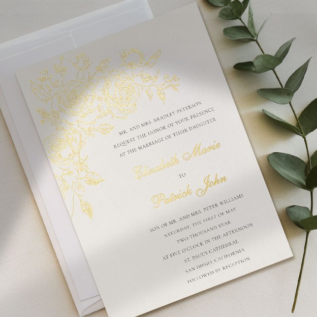 Rose Theme Forever Ecru Formal Classic Wedding (gold foil wedding invitation rose theme floral formal traditional modern classic art sketch parents )