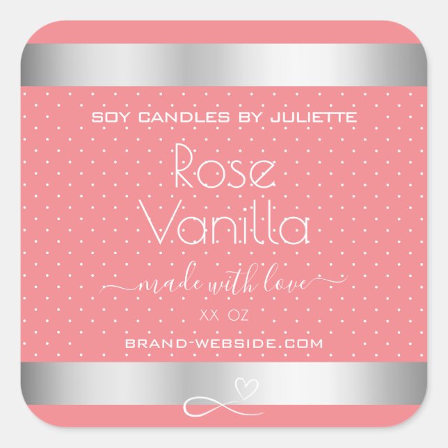 Rose Vanilla Scent Pink Silver Soy Candles Labels (Front)