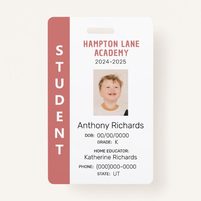 Rose Vertical Stripe Homeschool Student ID Badge (Front)