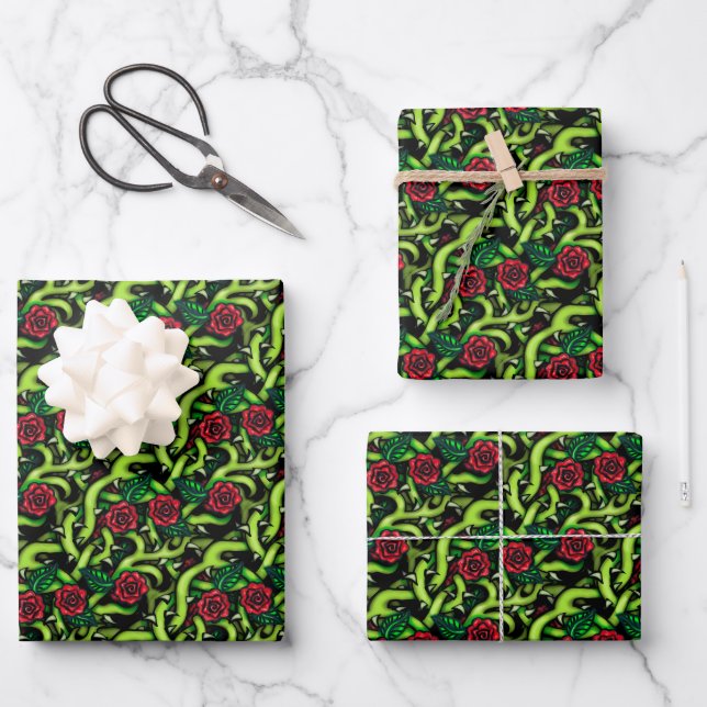 Rose Vines Gothic Christmas Wrapping Paper Sheet (Front)