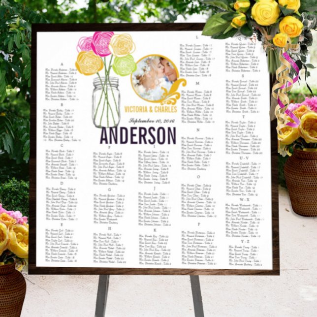Rose Vintage Modern Mason Jar Seating Chart (To see frame and mat pricing,  please choose your options.)