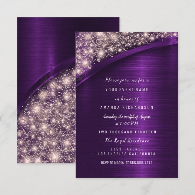 Rose Violet Glitter Bridal Shower Birthday Sweet Invitation (Front/Back)