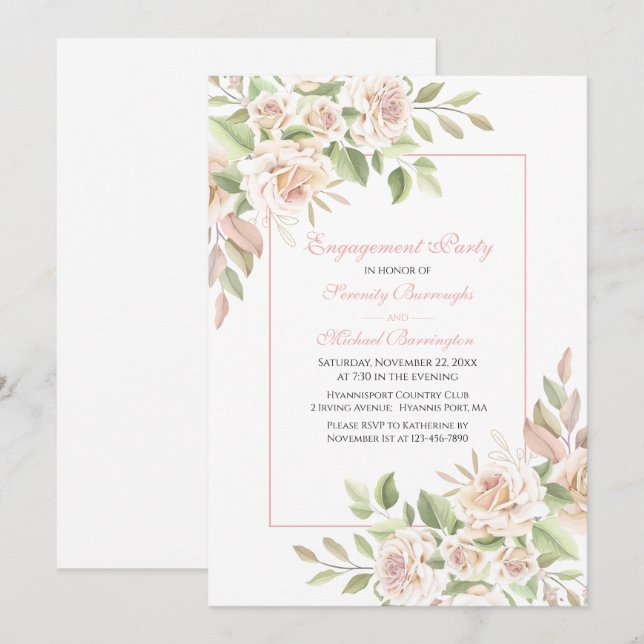 Rose Watercolor Blush Pink Floral Engagement Party Invitation (Front/Back)