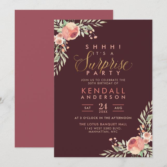 Rose Watercolor Floral Surprise Birthday Party Invitation (Front/Back)