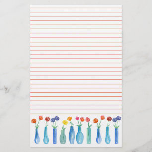 Rose Watercolor Flower Bouquets Orange Lined Stationery