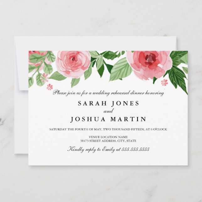Rose Watercolor Flowers Rehearsal Dinner Invite (Front)