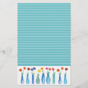 Rose Watercolor Flowers Turquoise Lined Stationery