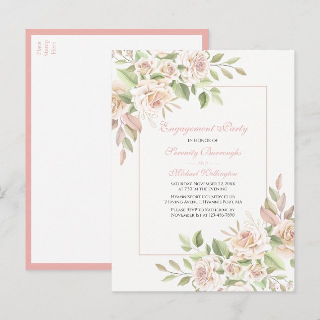 Rose Watercolor  Pink Floral Engagement Party Invitation Postcard (Front/Back)