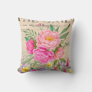 Rose, Watercolor, Vintage Newspapers Cushion