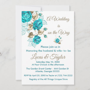 Rose Wedding Invitations with Turquoise & Gold