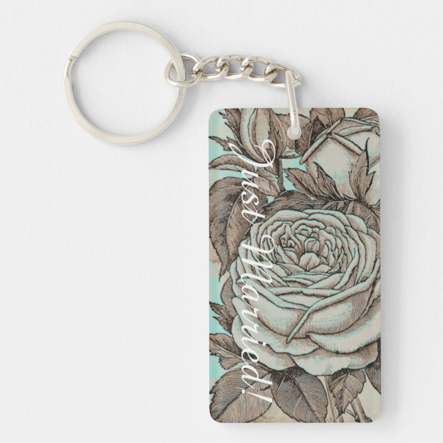 Rose Wedding Key Chain. Blue and Stone Colours Key Ring (Front)