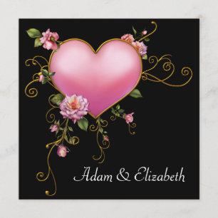 Rose Wedding Pink Heart Black Gothic Wedding Invitation