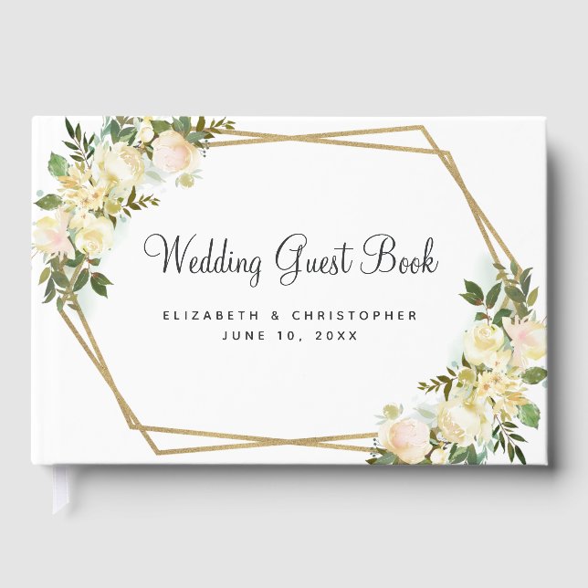 Rose Wedding White Gold Frame Watercolor Chic Guest Book (Front)