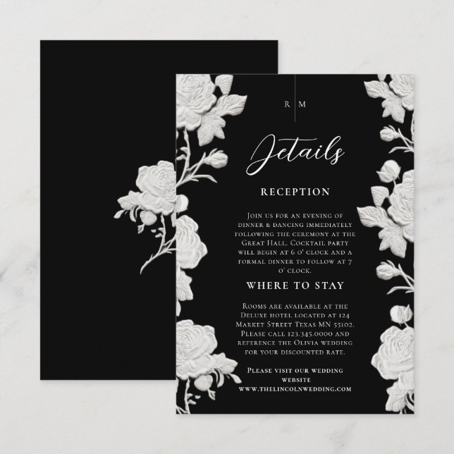 Rose White & Black Modern Trendy Wedding Enclosure Card (Front/Back)