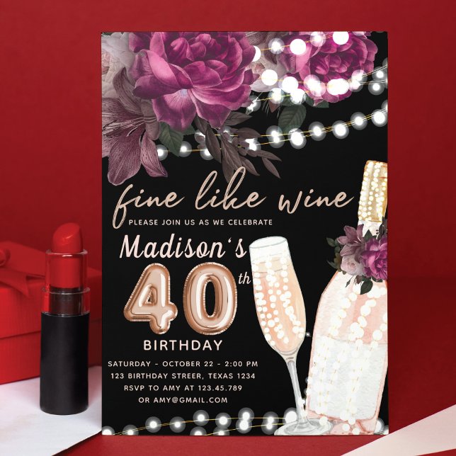 Rose Wine Luxury 40th Birthday  Invitation (Creator Uploaded)