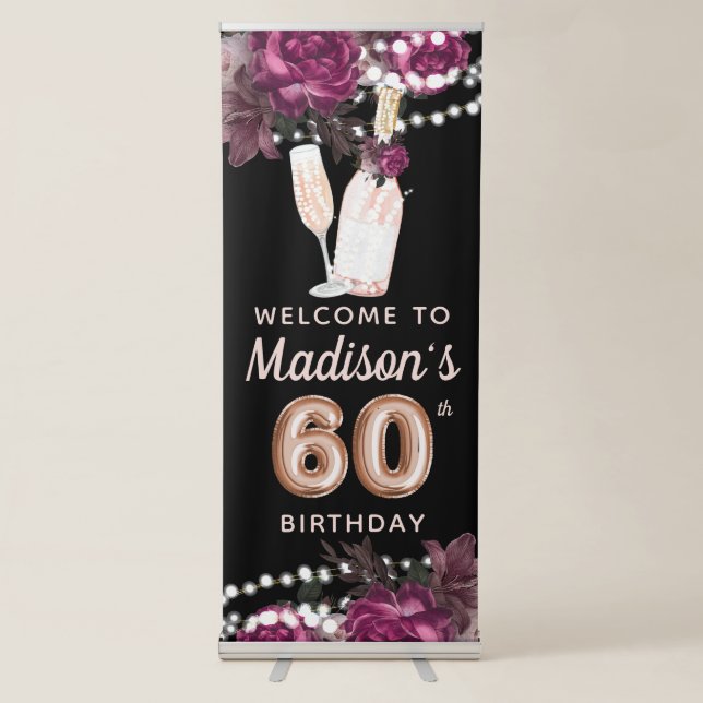 Rose Wine Luxury 60th Birthday Personalised Retractable Banner (Front)