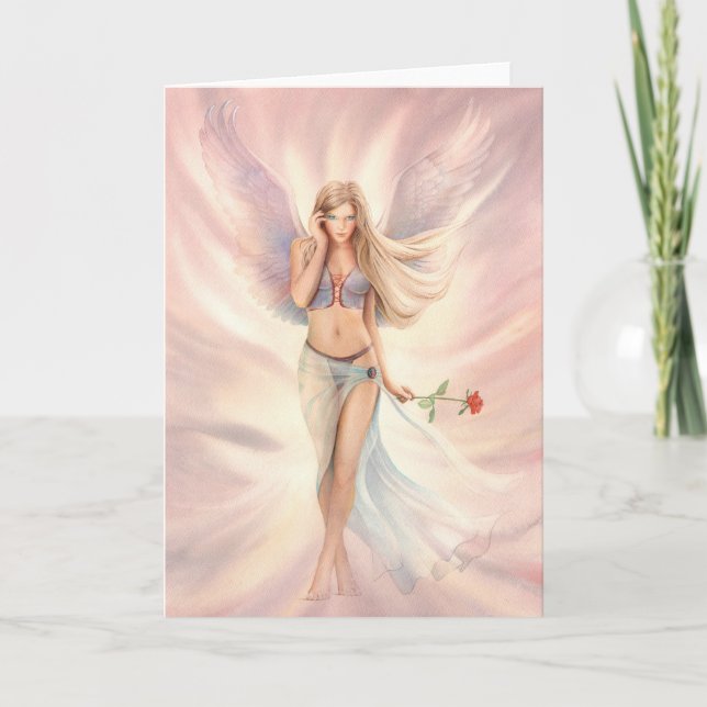 "Rose" Winged Fairy with a Red Rose Greeting Card (Front)