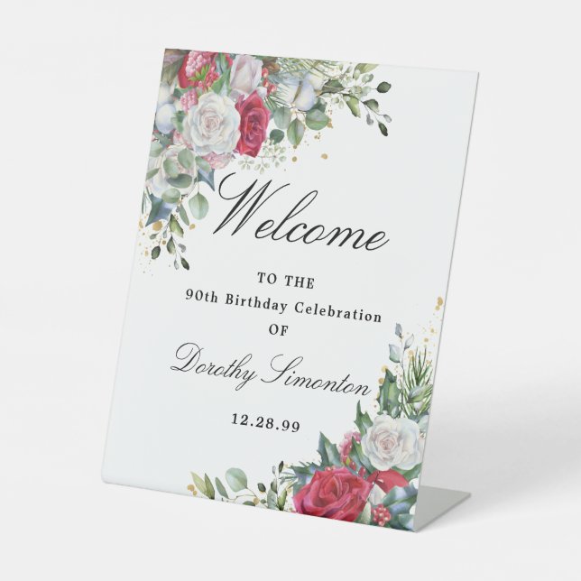 Rose Winter Greenery 90th Birthday Welcome Pedestal Sign (Front)