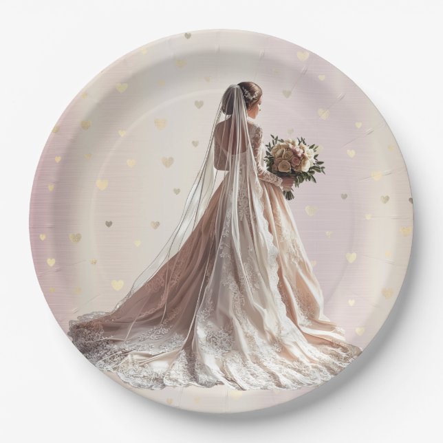 Rose Winter Wedding Bride Golden Shiny Heart Party Paper Plate (Front)