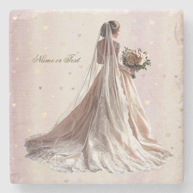 Rose Winter Wedding Bride Golden Shiny Heart Party Stone Coaster (Front)