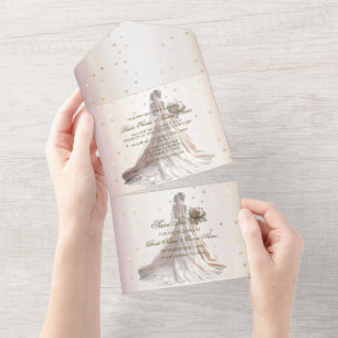 Rose Winter Wedding Bride Golden Shiny Hearts All In One Invitation