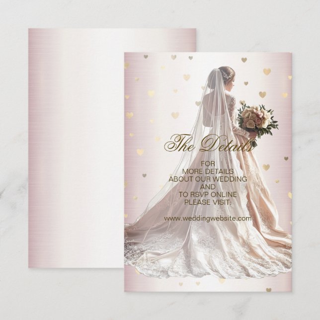 Rose Winter Wedding Bride Golden Shiny Hearts Enclosure Card (Front/Back)