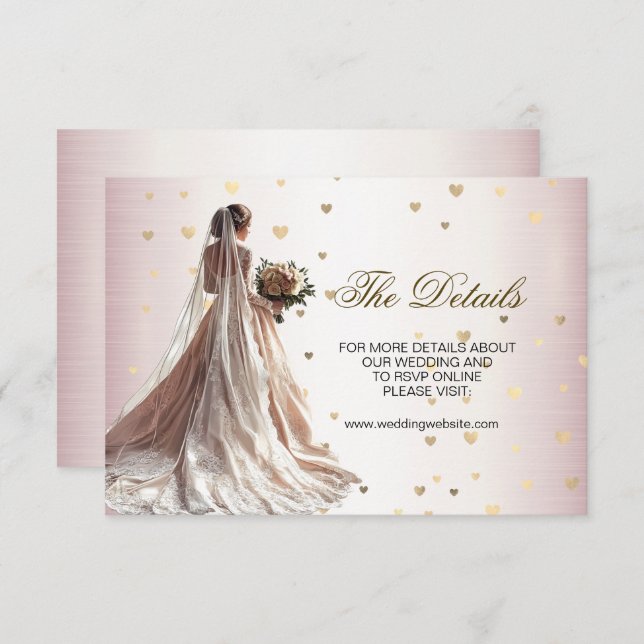 Rose Winter Wedding Bride Golden Shiny Hearts Enclosure Card (Front/Back)