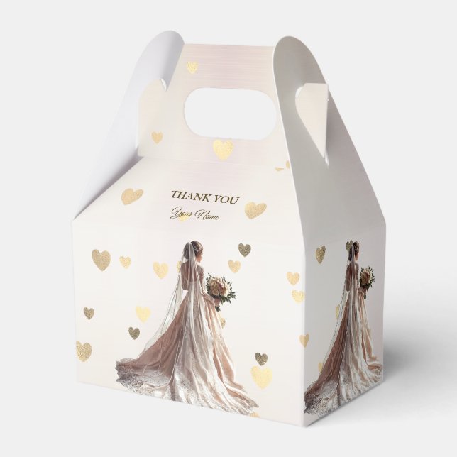 Rose Winter Wedding Bride Golden Shiny Hearts Favour Box (Front Side)