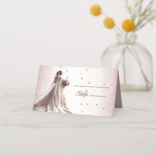 Rose Winter Wedding Bride Golden Shiny Hearts Place Card