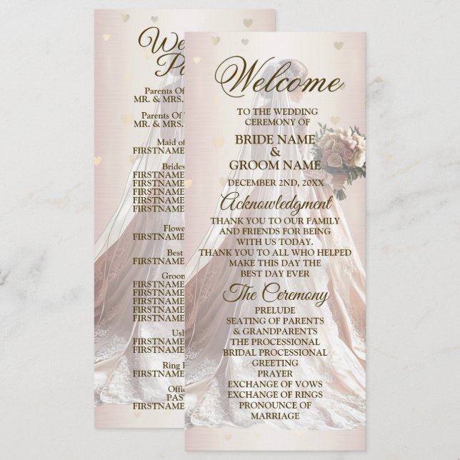 Rose Winter Wedding Bride Golden Shiny Hearts Programme (Front/Back)