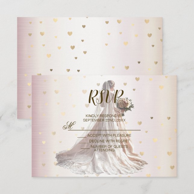 Rose Winter Wedding Bride Golden Shiny Hearts RSVP Card (Front/Back)