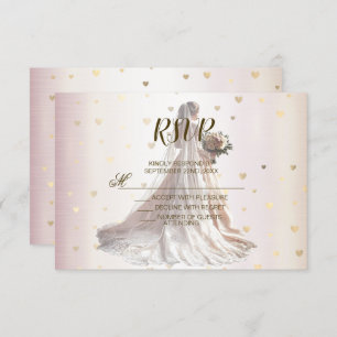 Rose Winter Wedding Bride Golden Shiny Hearts RSVP Card