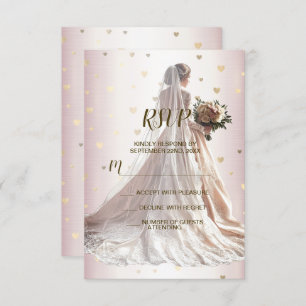 Rose Winter Wedding Bride Golden Shiny Hearts RSVP Card