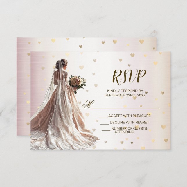 Rose Winter Wedding Bride Golden Shiny Hearts RSVP Card (Front/Back)