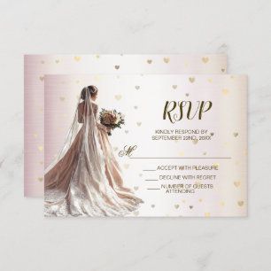 Rose Winter Wedding Bride Golden Shiny Hearts RSVP Card