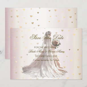 Rose Winter Wedding Bride Golden Shiny Hearts Save The Date