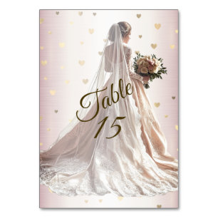 Rose Winter Wedding Bride Golden Shiny Hearts Table Number